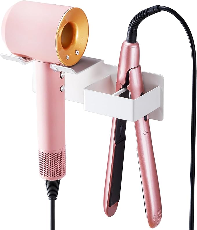 Hair Dryer Holder, Hair Straightener Holder Wall Mount, Hair Tool Organizer, Hairdryer and Straightener Holders, Adhesive Hair Tool Storage for Blow Dryer, Curling Iron, Flat Iron Stand (White)