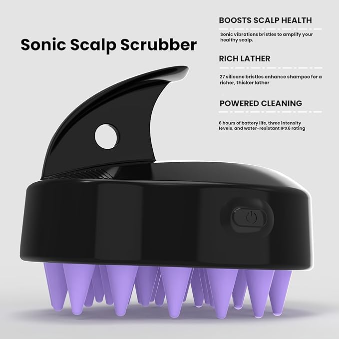 Sonic Scalp Scrubber- Electric Scalp Massager for Hair Growth, Water Resistant Vibrating Head Massager & Dandruff Removal, Scalp Exfoliator (Blue) (Black-Purple), 4.5 Ounce