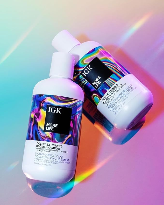 IGK MORE LIFE Color Extending Gloss Shampoo and Conditioner Set | Preserves Color Treated Hair | UV Protection | Vegan + Cruelty-Free | 8 oz
