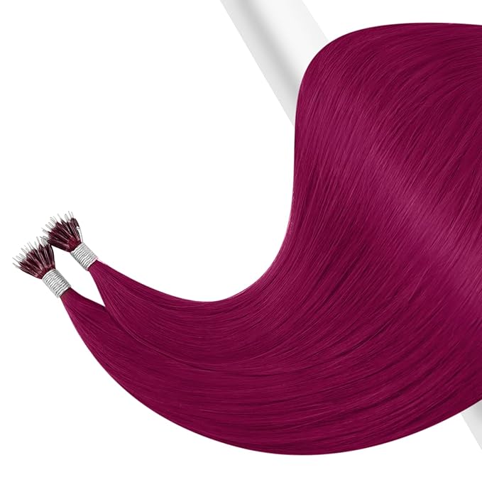 YoungSee Nano Ring Hair Extensions Human Hair Magenta Nano Bead Human Hair Extensions Burgundy Nano-Rings Hair Extension Red Nano-Tip Hair Extension for Women 25s 25g 14in