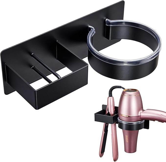 Hair Dryer Holder Blow Dryer Holder Wall Mounted, Adhesive Hair Straightener Holder, Hair Tool Organizer for Curling Iron Holder, Metal Hairdryer Holder Storage Organizer for Bathroom Vanity,Black
