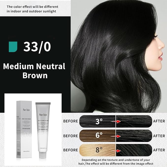 PureStyle 100ml Professional Permanent Hair Color Dye Cream Ammonia Free, Long Lasting Color, 100% Gray Coverage, Natural Shine, For All Hair Types Easy At Home Application (33/0 Medium Neutral Brown)