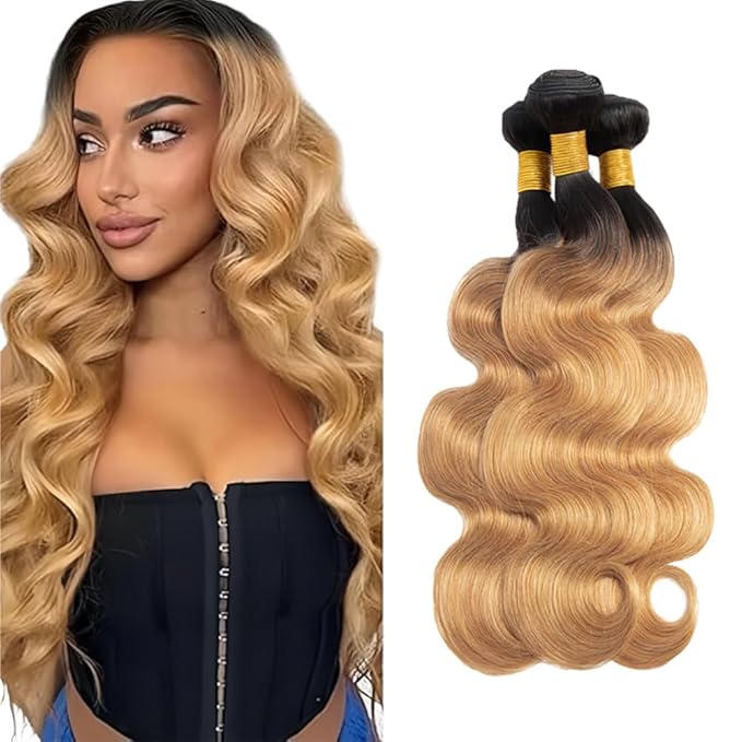 Ombre Blonde Bundles Human Hair 1b27 Body Wave Bundles 18 20 22 Inch 2 Tone Black and Honey Blonde Body Wave Bundle Brazilian Virgin Soft and Silky Remy Hair Extensions 150g