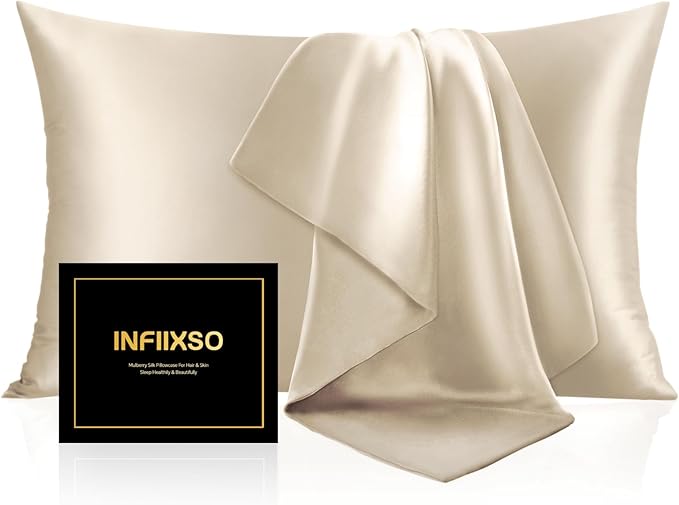 INFIIXSO Mulberry Silk Pillowcase for Hair and Skin, Silk Pillow Cases Queen Size with Hidden Zipper 20x30 Inches, Extraordinary Smooth and Soft Cooling Pillow Cases for Hot Sleepers(Beige, 1 Pack)