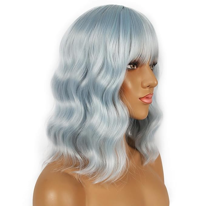 Short Bob Wigs with Bangs for Women Loose Wavy Wig Curly Wavy Shoulder Length Bob Synthetic Cosplay Wig for Girl Colorful Costume Wigs (Ice Blue)