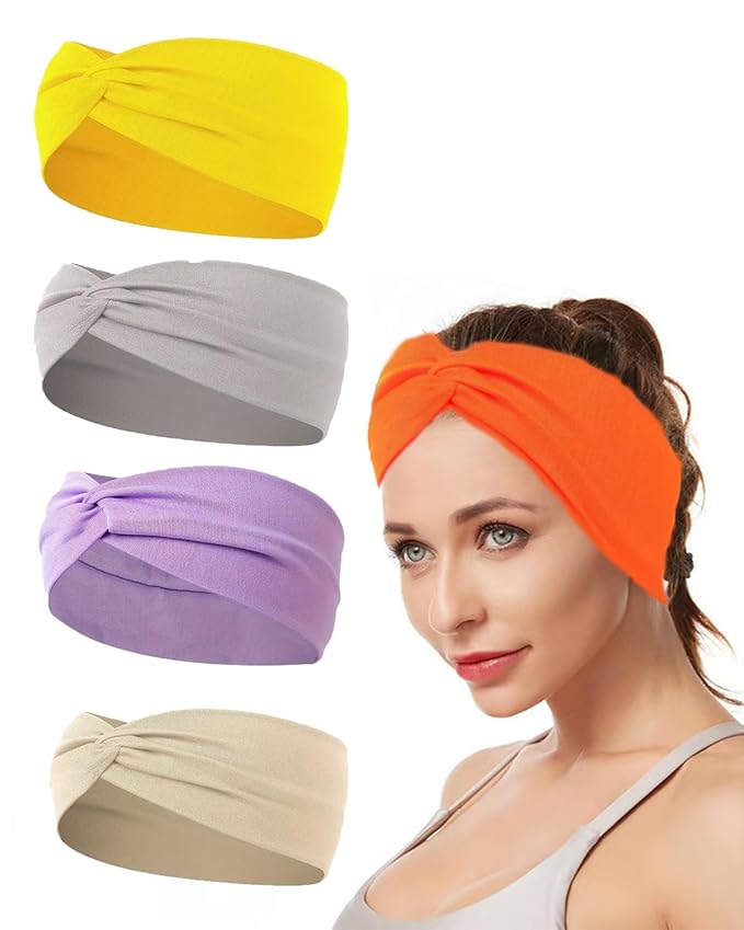 10 Pcs Wide Absorbent Sport Headbands for Women, Non-slip, Stretchy, Soft Cotton Twist Knotted Hair Bands for Daily Workout Yoga Running Sports, AB