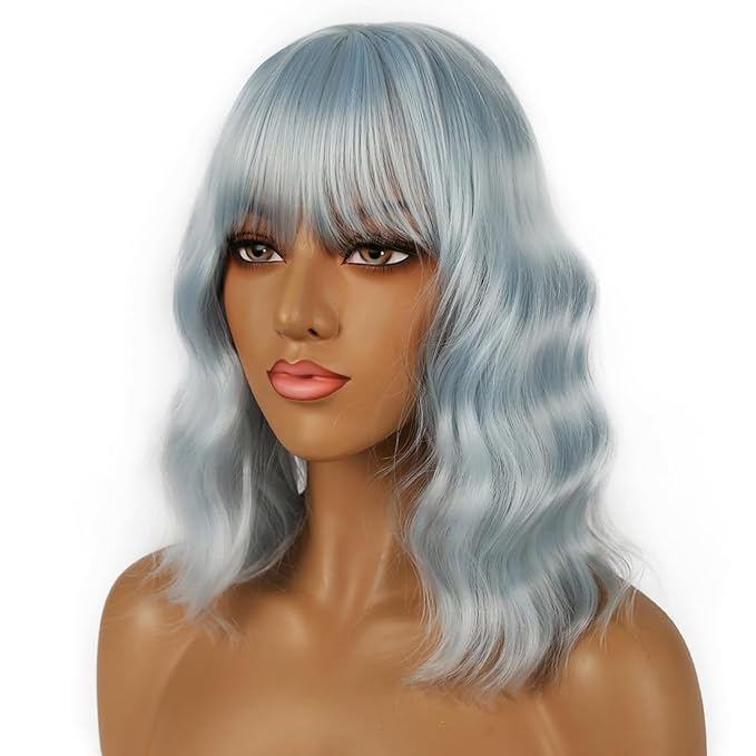 Short Bob Wigs with Bangs for Women Loose Wavy Wig Curly Wavy Shoulder Length Bob Synthetic Cosplay Wig for Girl Colorful Costume Wigs (Ice Blue)