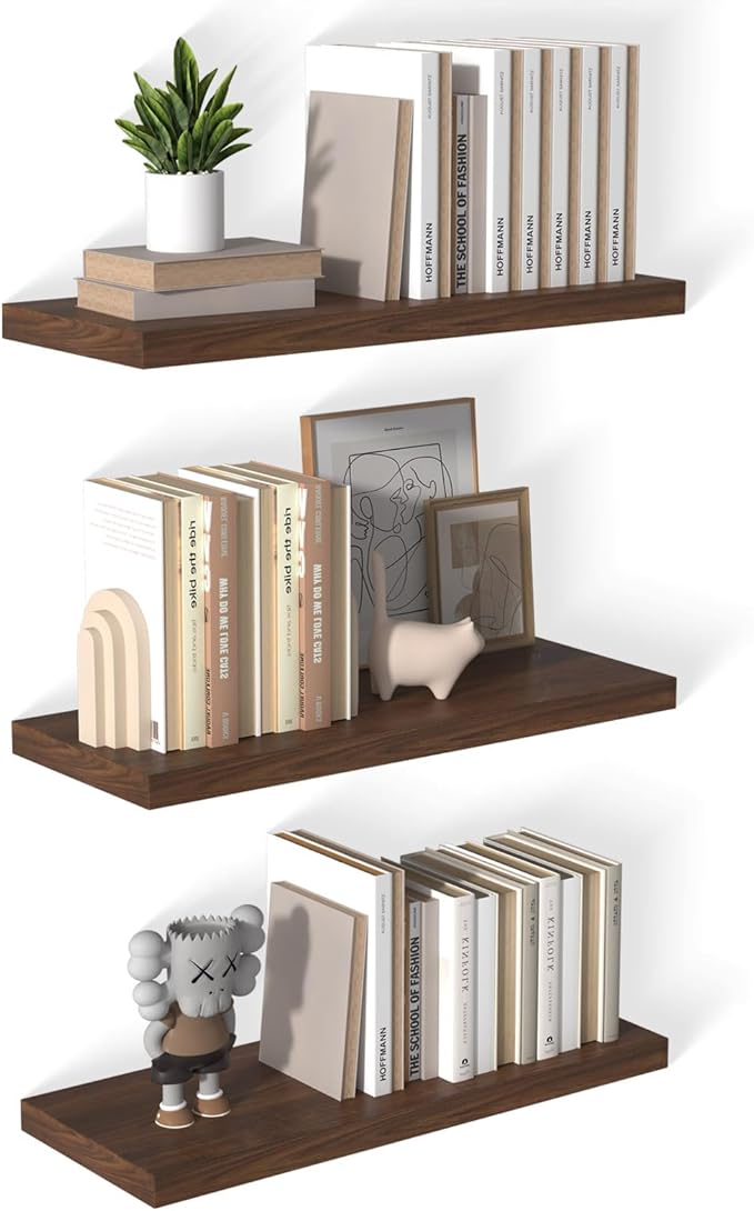 12 Inch Deep Floating Shelves for Wall 3 Pack Floating Shelves Large Storage Space Wall Mount Shelf for Living Room Kitchen Bathroom 30" W x 12" D x 1.2" H Walnut