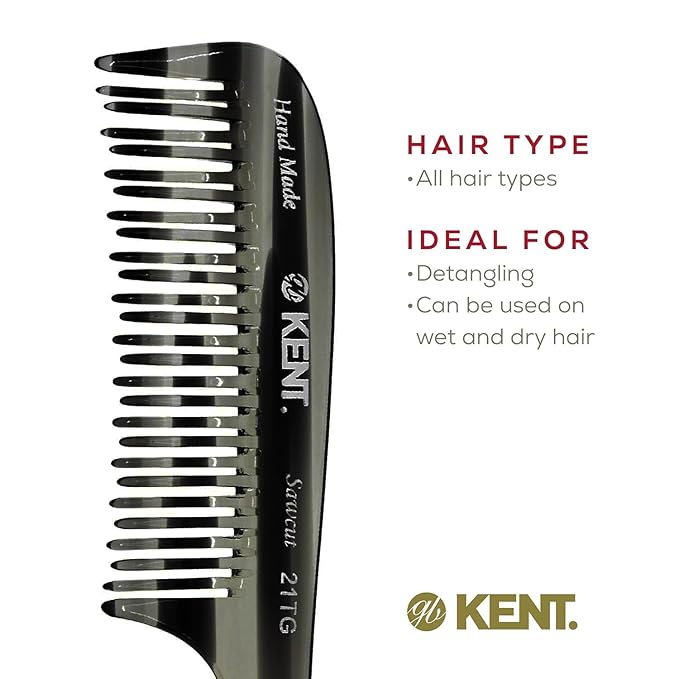 Kent 21T Black Graphite Large Wide Tooth Detangling Comb, for Thick Curly Wavy Hair. Handled Comb For Wet and Dry Hair. Handmade of Quality Cellulose, Saw-Cut Hand Polished, Made in England