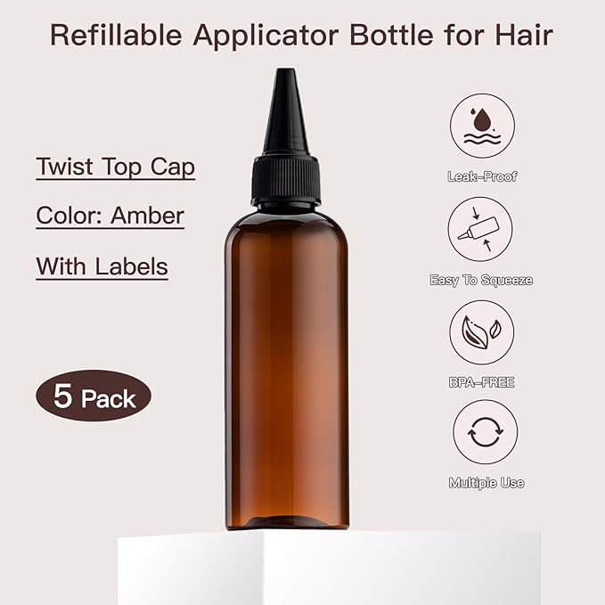 Tekson Hair Color Applicator Bottles, 5 Pack Refillable Squeeze Bottle, Empty Plastic Twist Top Cap Bottles (3.4 OZ, Amber)
