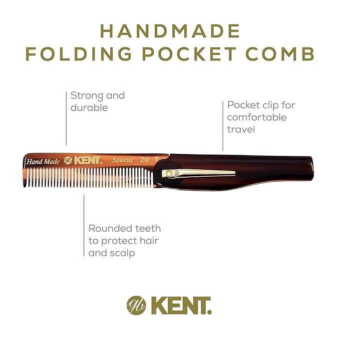 Kent 20T Handmade Folding Pocket Comb for Men, Fine Tooth Hair Comb Straightener for Everyday Grooming Styling Hair, Beard or Mustache, Use Dry or with Balms, Saw Cut Hand Polished, Made in England