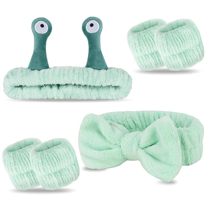 Skincare Headband Bow Snail Spa headband and Wristband Set, 6 Pack Cute Makeup Headbands for Washing Face, Fun Gifts for Women and Girls
