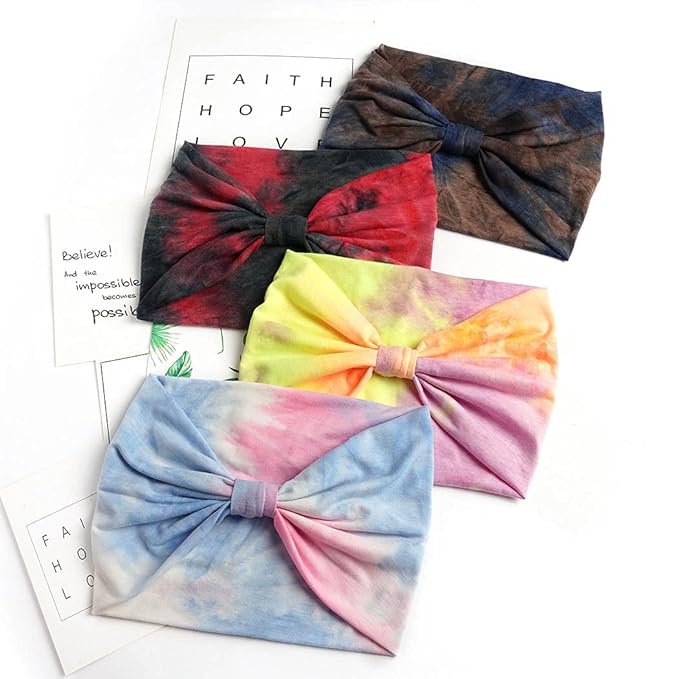 Wide Headbands Stretch Turban Knotted Hairbands Elastic Yoga Workout Sweatband Running Sport Head Scarf Large African Head Wraps for Women 4 Pcs (Set F)