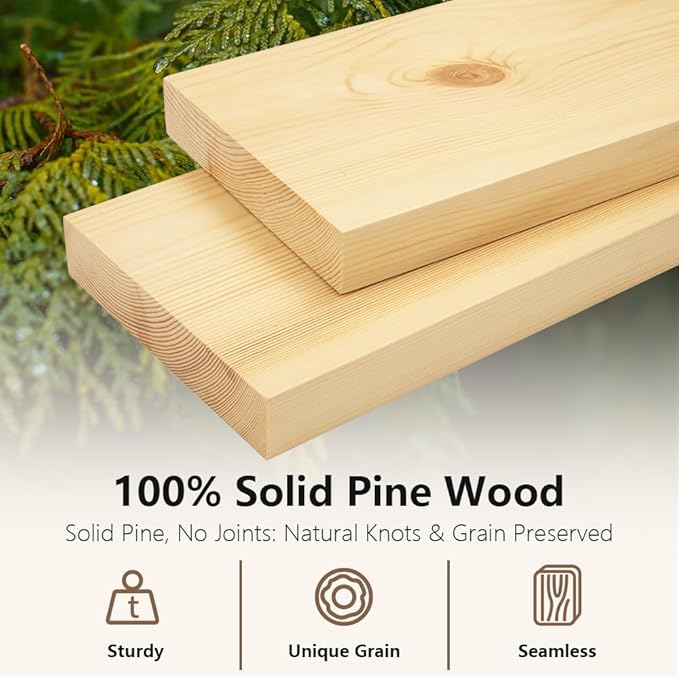 Habudda Floating Shelves for Wall, Solid Pine Wood Shelf for Bathroom Bedroom Kitchen, Rustic Room Decor, Wall Mounted, 30 Inches Long, Set of 2, Natural