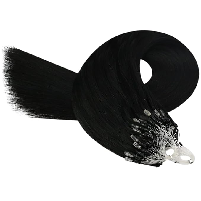 YoungSee Microlink Hair Extensions Human Hair Black Micro Bead Hair Extensions Jet Black Beaded Hair Extension Short Hair 14Inch 50s 50g Micro Ring Human Hair Extension for Adding Volume