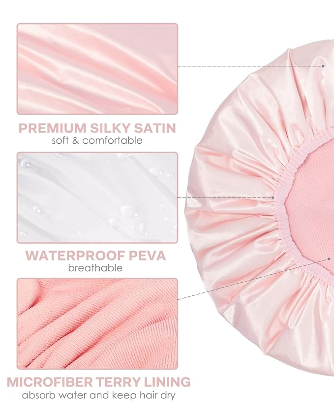 Aquior Shower Cap,Triple Layer Shower Cap for Women, Reusable Waterproof Bath Cap,Silky Satin Outer Layer Terry Lining, Extra Large for Women Long Hair(Pink)