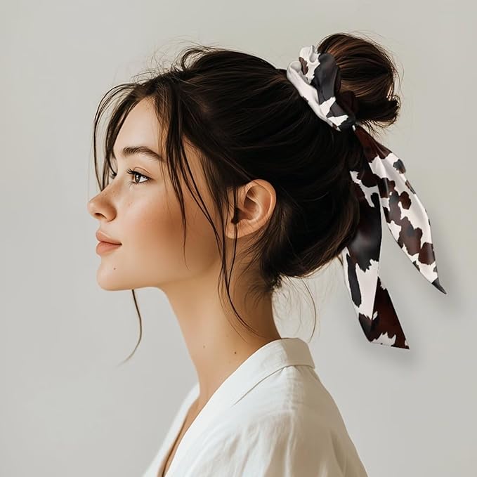 Cow Print Pack of 2 Knotted Bow Hair Scrunchies Elastic Hair Scarf Fashion Bow Scrunchy Aesthetic Ponytail Scrunchies with Ribbon