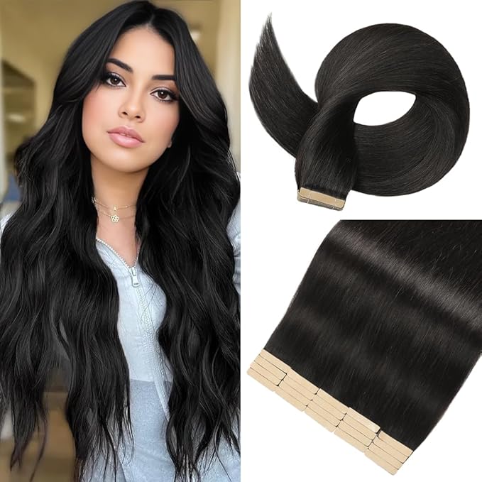 Tape in Hair Extensions Human Hair Natural Black 22 Inch 20Pcs Tape Ins for Women Straight Invisible Seamless Remy