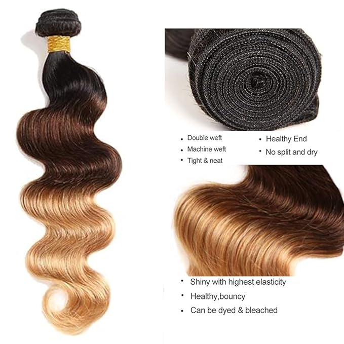 Ombre Brown Bundles Human Hair Blonde Body Wave Bundle Niegmeag Virgin Remy Hair 3 Bundles 16 18 20 Inch Double Weft 3 Tone Brown and Honey Blonde Body Wave Bundle