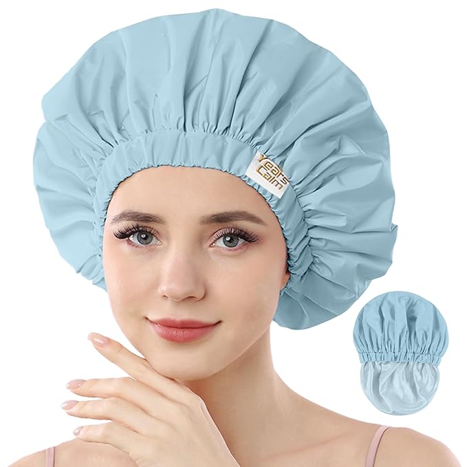 Years calm Reusable Waterproof Shower Caps for Women, Hair Caps for Showers, Double-Layer Elastic Design, for All Hairstyles, Travel-Friendly (Sky Blue)
