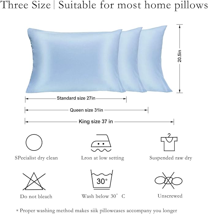 Silk Pillowcase for Hair and Skin 2 Pack 100% Mulberry Silk Bed Pillowcase Hypoallergenic Soft Breathable Both Sides Silk Pillow Case with Hidden Zipper, Pillow Cases (Standard, Blue)
