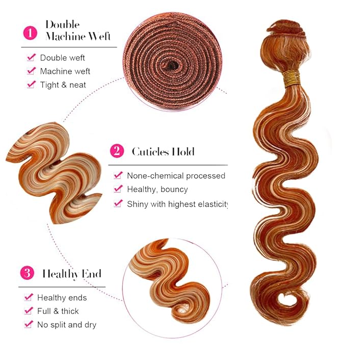 28 30 32 Inch Color 350 Bundles Human Hair Highlight Ginger Orange Bundles Brazilian Virgin Remy Hair Extensions Double Weft 2 Tone Orange and Blonde Bundle Hair Weave