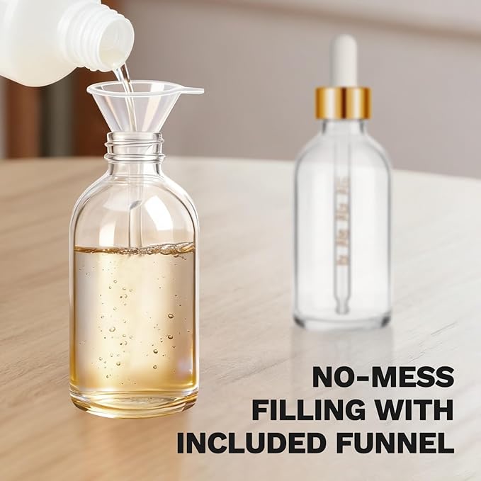 Bumobum 2 Pack, 2 oz Golden Cap Clear Glass Eye Dropper Bottle with Labels and Funnel, Leakproof Tincture Bottle with Measured Dropper for Essential Oils Bottles