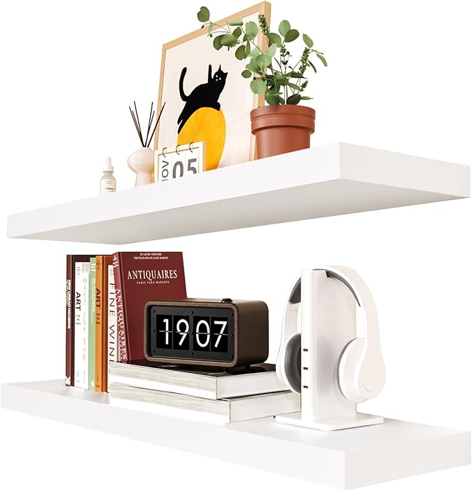 Habudda Floating Shelves for Wall, Display Shelf for Bathroom Bedroom Kitchen, Rustic Decor Pine Solid Wood Bookshelf, 30 Inch Long, Set of 2, White
