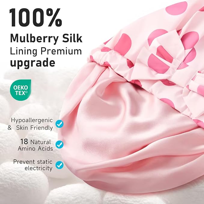 LitBear Luxury Silk Lined Shower Caps for Women Reusable Waterproof, Double Layered Large Bathing Hair Cap with Adjustable Elastic Strap, Non-slip, Quick-dry, for Long Short Hair, Pink Dots