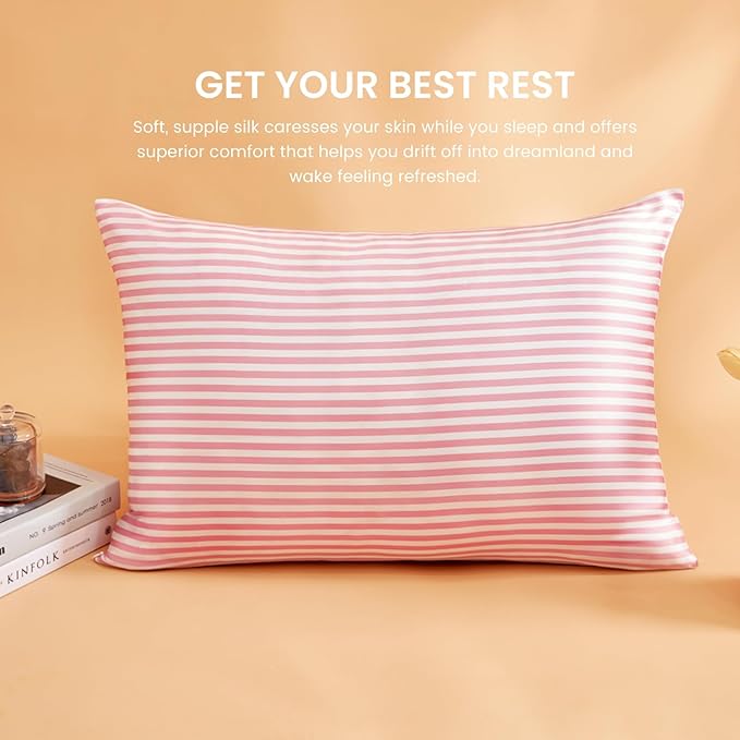THXSILK Mulberry Silk Pillowcase for Hair and Skin Health, Grade 6A+ Mulberry Silk Pillowcase with Hidden Zipper, Soft and Breathable, 1pc (Standard 20"x26", Pink White Stripes)