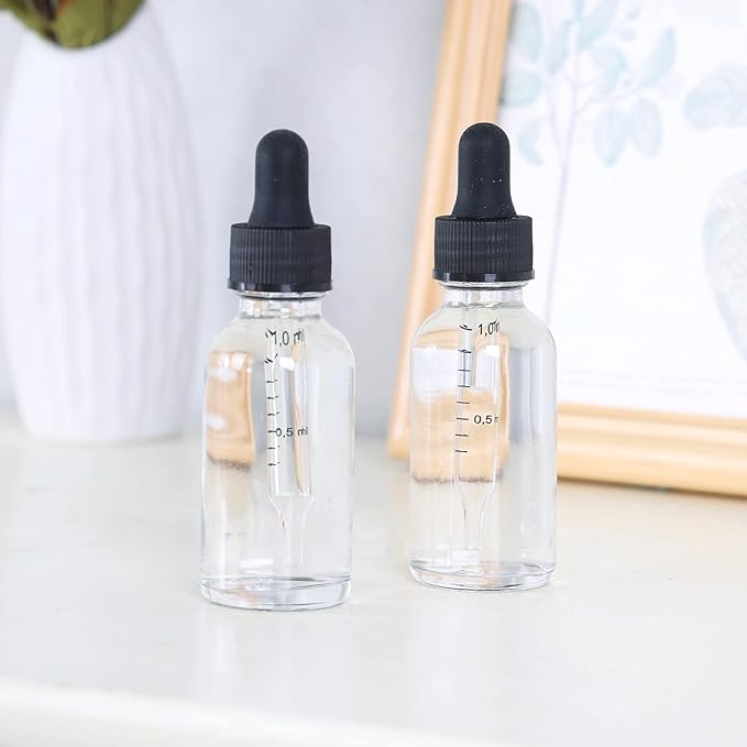 2 oz Dropper Bottle 24 Pack Clear Glass Boston Bottles 60ml with Eye Droppers Black Caps for Essential Oils, Perfume, Leak Proof Travel Bottles for Liquids