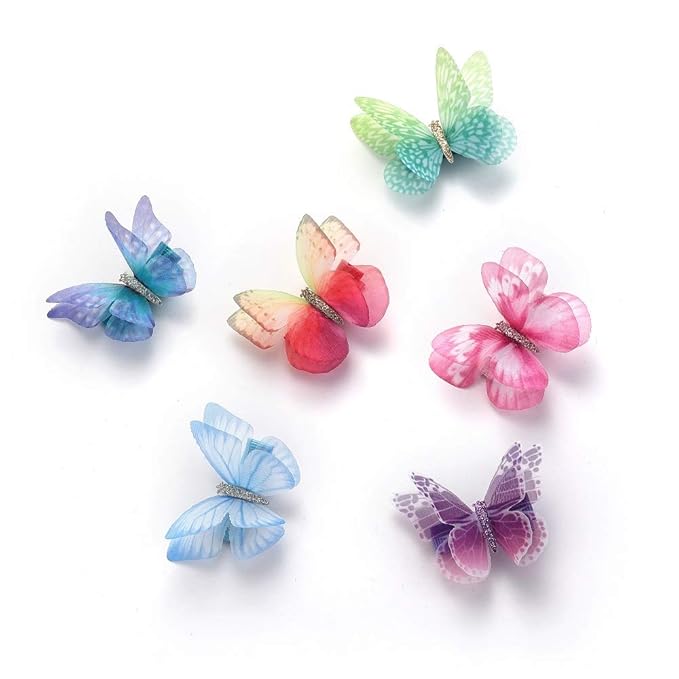 6Pcs/pack 3D Colorful Organza Butterfly Hair Clips - Chiffon Fairy Wings - Ribbon Wrapped Clips 0.4Inch Barrettes Hair Accessories For Women(Multicolor)
