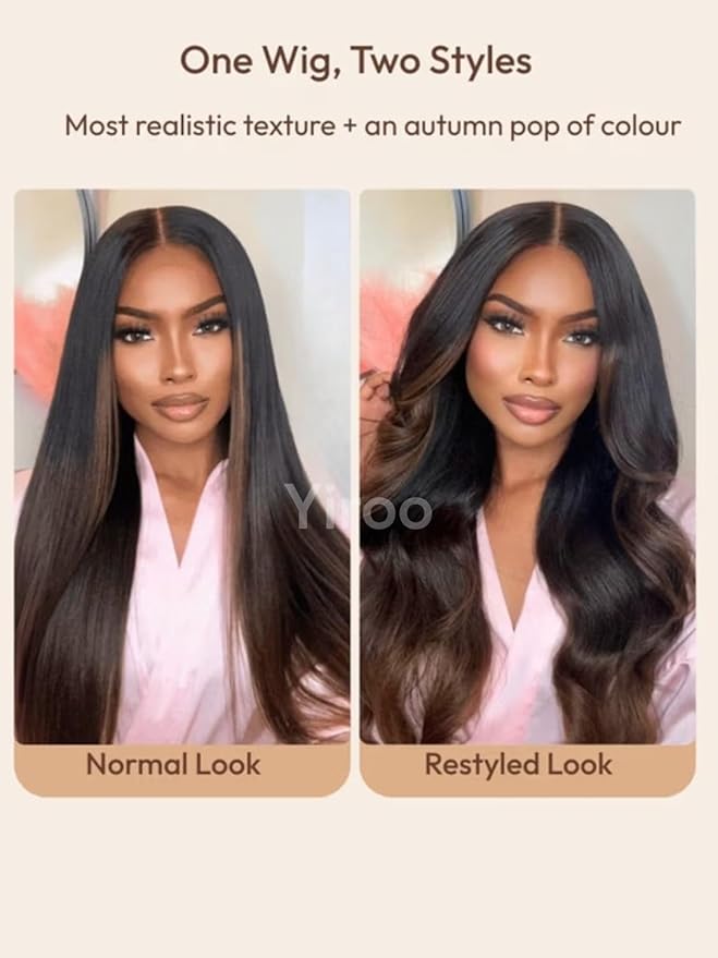 YIROO Chestnut Brown Ombre Yaki Straight 13x4 Pre Everything Frontal Glueless Wig Human Hair Pre Plucked Pre Cut,Bye bye Knots Wear and Go Drawstring Wigs Beginner Friendly 150% Density 22Inch