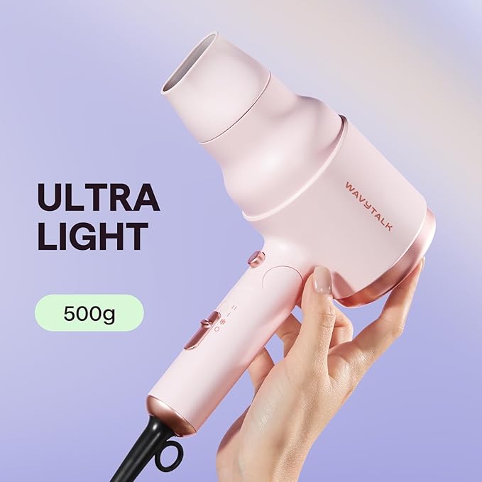 Wavytalk Blow Dryer with Diffuser, Mini Hair Dryer with Folding Handle, 1600W Quiet Lightweight Hairdryer with Diffuser Compact Design, Pinky White