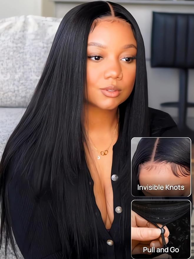 Julia Hair No Slip Yaki Straight 7x5 Lace Closure Glueless Drawstring Wig Flexible Mesh Cap Bye-Bye Slip Pre Cut HD Lace Front Pre Everything Bleached Knots Wear and Go Wig,Zero Slip Hold 24 Inch