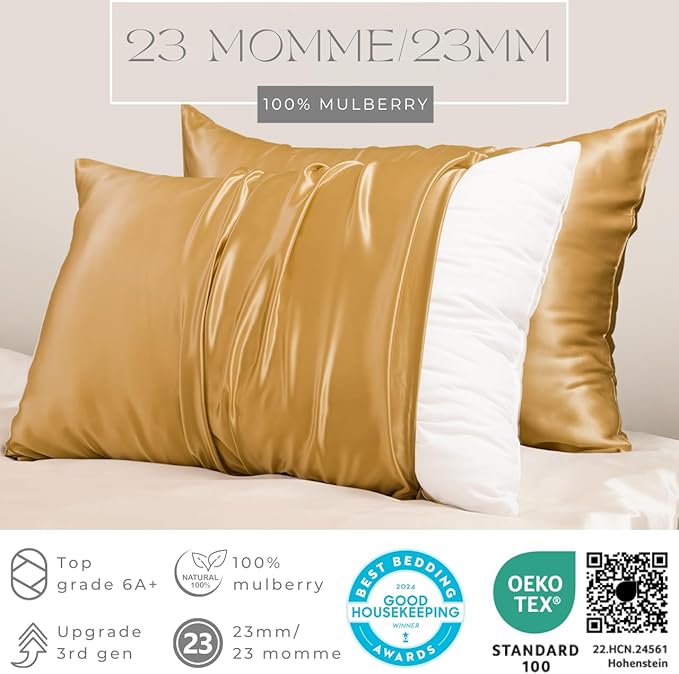 PROMEED 23 Momme Mulberry Silk Pillowcase for Hair and Skin - Both Sides Premium Natural Silk Pillow Case, Grade 6A+ Soft Cooling Pillow Cases, 1pc (King 20"x36", Gold)