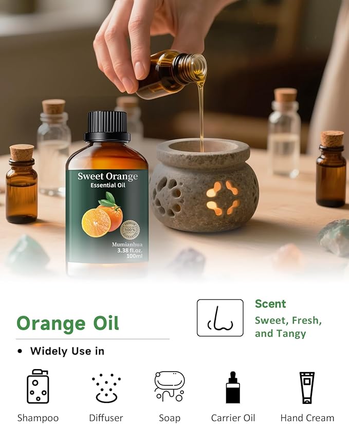 Orange Essential Oil Pure,Mumianhua Natural Sweet Orange Oil for Reed Diffuser, Humidifier, Air Purifier, Skin,Home, Perfumes, Soap, Candles Making, Room Spray, Cleaning 3.38Fl Oz