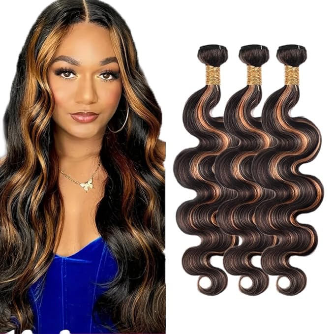 30 32 34 Inch Highlight Brown Bundles Human Hair P1B30 Body Wave Bundles Unprocessed Peruvian Virgin Remy Hair Extensions Niegmeag 2 Tone Black and Brown Body Wave Bundle
