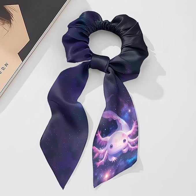 Axolotl Cute Hair Scrunchies with Ribbon Pack Of 2 Starry Sky Bow Scrunchy for Women Girls Trendy Knotted Bow No Damage Ponytail Holder Hair Band