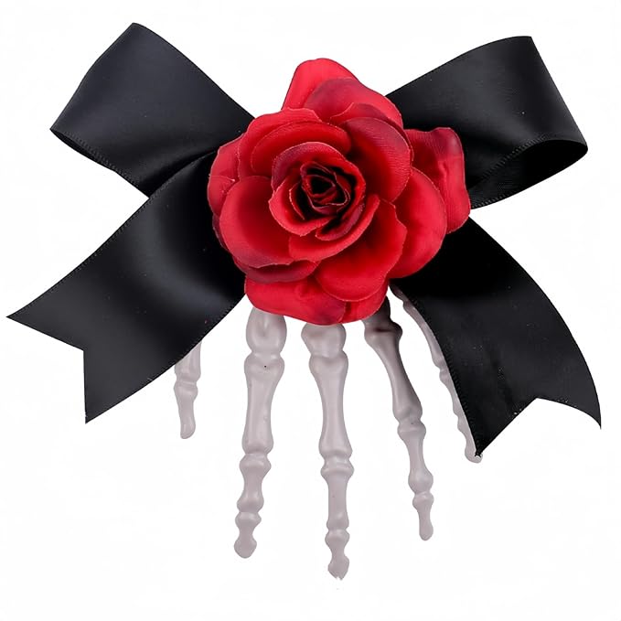 SEVEN LUCKY LIGHT Halloween Hair Clips Skeleton Hands with Red Flower Black Satin Ribbon Great Halloween Hair Accessories