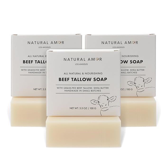Natural Amor Beef Tallow Soap Bar 3 Pack, Handmade with Organic Grass-Fed Beef Tallow, Shea Butter, Coconut Oil, Natural Soap for Dry or Sensitive Skin Fragrance-Free, 3.5oz Each