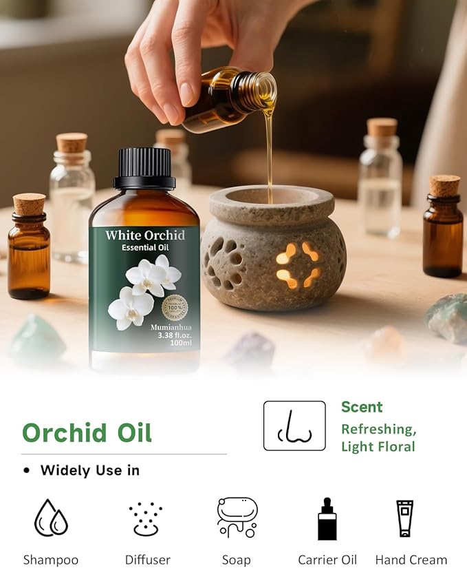 Mumianhua White Orchid Essential Oil Pure - Therapeutic Grade Aromatherapy Oil for Skin Care, Diffuser & Candle Making 100ml 3.38 Oz w/Dropper