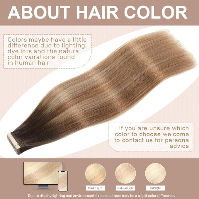 Tape in Hair Extensions Real Human Hair 24 Inch Chestnut Brown to Mixed Dirty Blonde Tape for Skin Weft Hair Extension Invisible Tape in Hair Extensions Straight Remy Human Hair for Women 20pcs