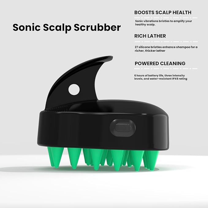 Sonic Scalp Scrubber- Electric Scalp Massager for Hair Growth, Water Resistant Vibrating Head Massager & Dandruff Removal, Scalp Exfoliator (Black-Green), 4.5 Ounce