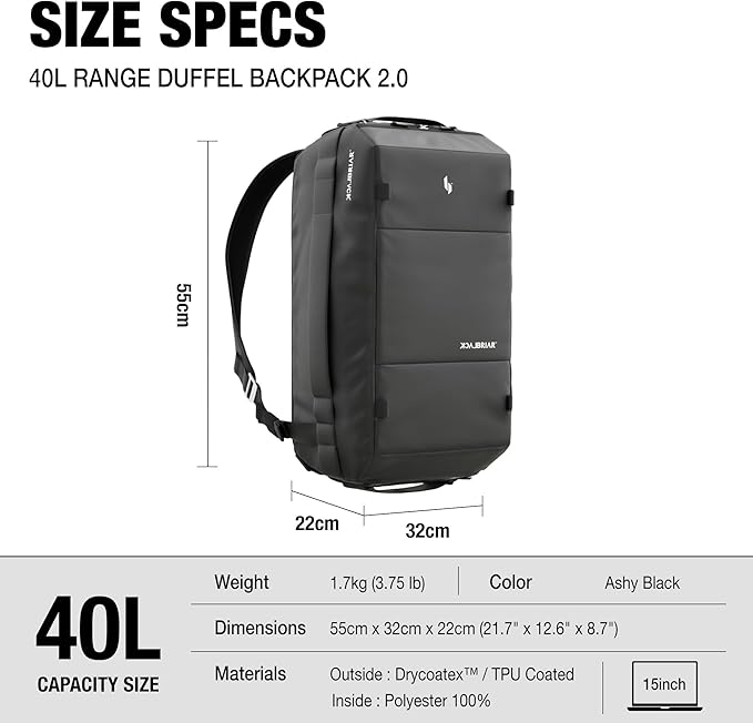 Blackbriar Range Duffel 40L Ash Black 2.0 Version, Convertible Backpack with Patented Magnetic Access, Modular S-Partition, Dual Shoe Garage | Waterproof Drycoatex™ for Tactical, Travel, Gym