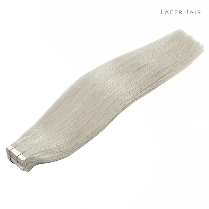 Lacer Tape in Hair Extensions - Human Hair, 20 Inch, Natural Grey Silver, Seamless, Silky Straight, 20pcs, 50grams