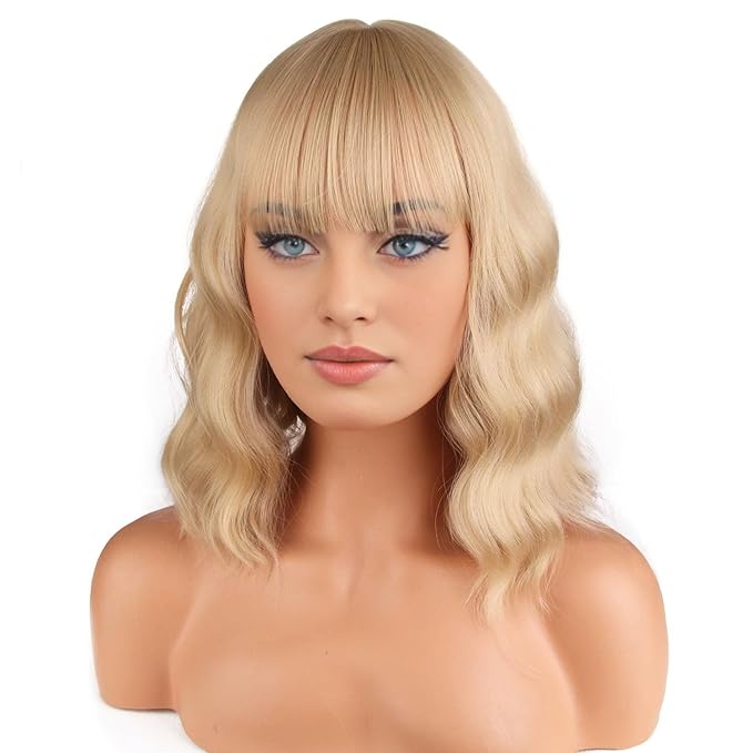 BERON 14 Inches Blonde Wig Short Curly Wigs for Women Ash Blonde Synthetic Wigs with Bangs Wig Cap Include