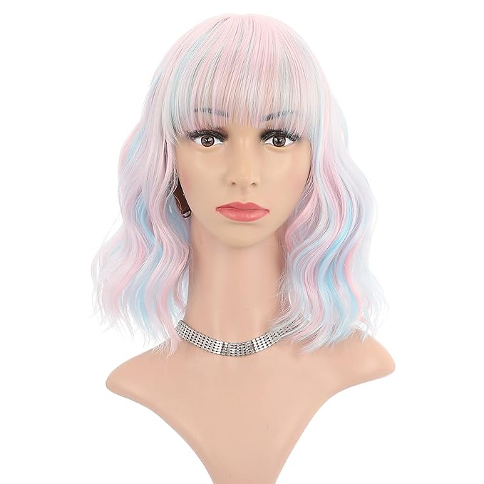 FAELBATY Mix Pink Wave Bob Wigs With Bangs Synthetic Cosplay Wig for Girl Shoulder Length Wig for Women Costume Wigs Candy Color(12" Mixed Blue Pink)