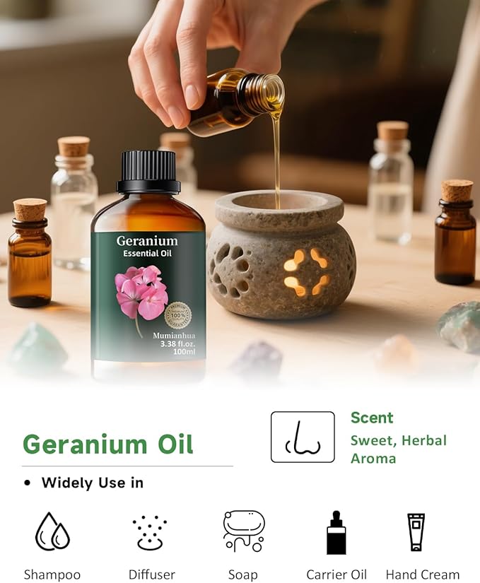 Pure Geranium Essential Oil, Mumianhua Natural Floral Oil for Bedroom Serenity & Garden Freshness, Aromatherapy for Evening Relaxation, Outdoor Ambiance, Reed Diffuser, Skin & Hair Care, 3.38 Fl Oz