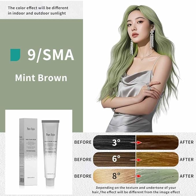 PureStyle 100ml Professional Permanent Hair Color Dye Cream Ammonia Free, Long Lasting Mint Green Brown Color, Light Green Hair Dye for Women, Natural Shine, For All Hair Types Easy At Home